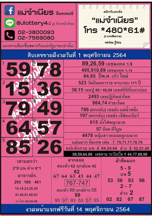 เลขเด็ดหวยแม่จำเนียร งวด 1 พฤศจิกา 2564